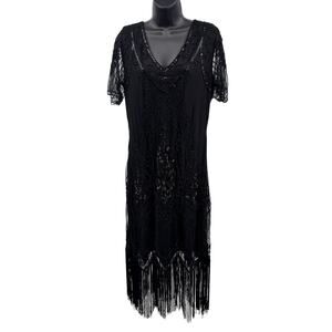 Babeyond Shift Dress WMNS XL Black Beaded Short Sheer Fringe Hem V-Neck 20's Era